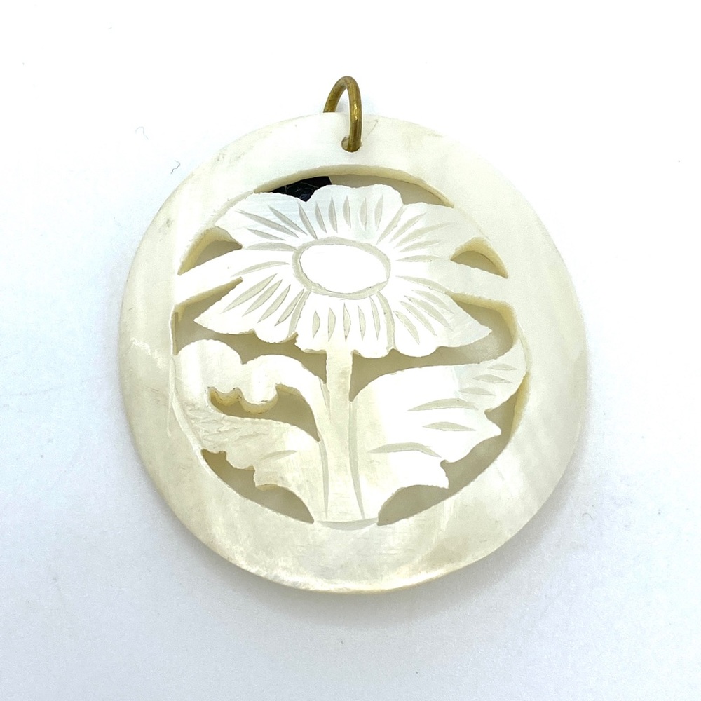 Vintage Mother of Pearl Carved Flower Necklace Pendant